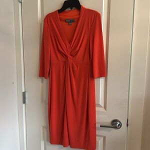 Donna Ricco Matte Jersey Faux Wrap Dress Cowl Neck Fiesta Orange